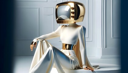 A high-fashion female model with a television for a head, Tv head, Modern living