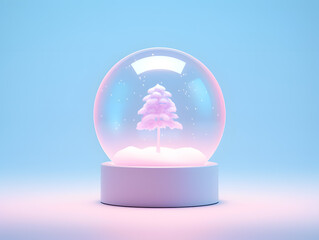 Snow Christmas glass globe on a white background. 3D rendering. Pink and blue neon light.