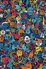 Obraz premium Illustration of colorful doodle crowd cute alien and monster Created with Generative AI technology.