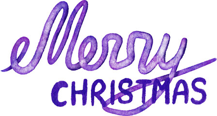 Hand drawn illustration Merry Christmas in pink purple words greeting slogan. Text type calligraphy winter holiday typography season banner, watercolor lettering festive invitation celebration.