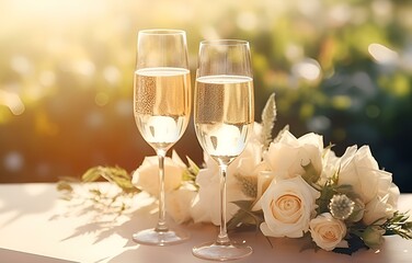 champagne flutes and white roses on white holiday table decor with bokeh background soft light for wedding and marriage holiday celebration card decor