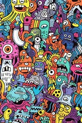 Illustration of colorful doodle crowd cute alien and monster Created with Generative AI technology.