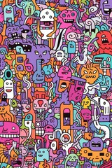 Obraz premium Illustration of colorful doodle crowd cute alien and monster Created with Generative AI technology.
