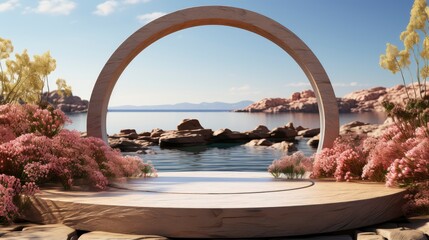 Obraz premium Minimalist luxury podium on a cliffside with a serene ocean view, under a clear sky with fluffy clouds.