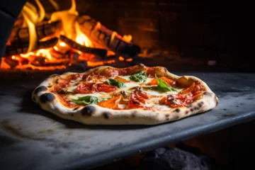 Foto op Plexiglas Close-Up of Delicious Oven-Baked Pizza with Rustic Furnace Background © TimeaPeter
