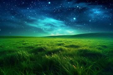 Green meadow and tree on hills at stars night sky background Created with Generative AI technology. - obrazy, fototapety, plakaty