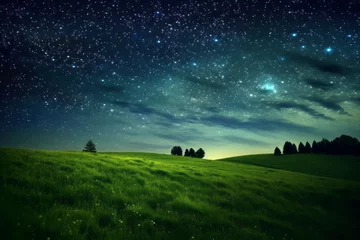 Fototapeten Green meadow and tree on hills at stars night sky background Created with Generative AI technology. © Sakrapee Nopparat