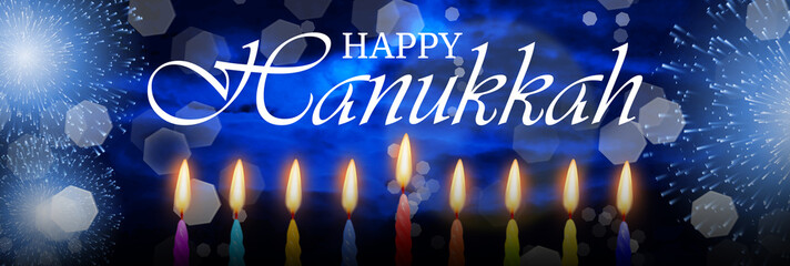 Jewish holiday Hanukkah. National Israel holiday. Background with menorah (traditional candelabra) and burning candles. 3d illustration