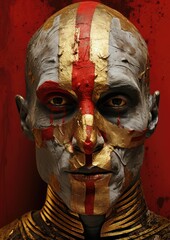 Evil and scary warrior with white, golden and red painted face.
