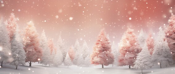 Winter and christmas forest landscape with snow falling and bokeh lights in a red tone. Abstract winter background.