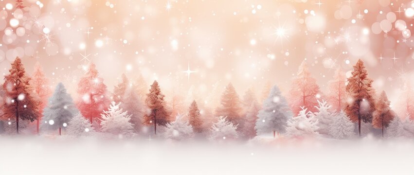 Winter and christmas forest landscape with snow falling and bokeh lights in a red tone. Abstract winter background.
