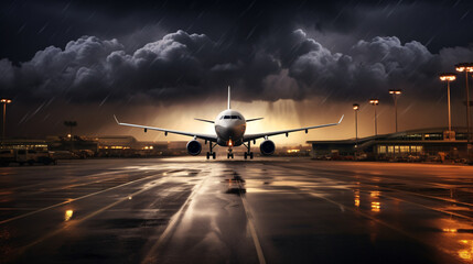 Airplane Grounded at Airport Due to Severe Storm Delay - obrazy, fototapety, plakaty