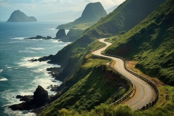 Beautiful view of a coastline with a coastal road winding along the green shore. - obrazy, fototapety, plakaty