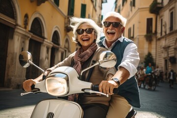 Happy old couple driving an old timer through an Italian town on their vacation.