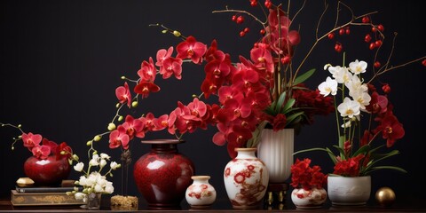 Floral Arrangements Flowers like orchids and peonies, arranged in red vases, are common as they symbolize good fortune and prosperity.