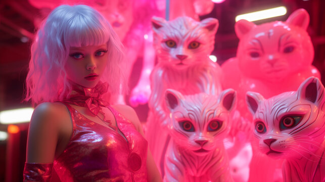 Attractive anime character with neon cats.
