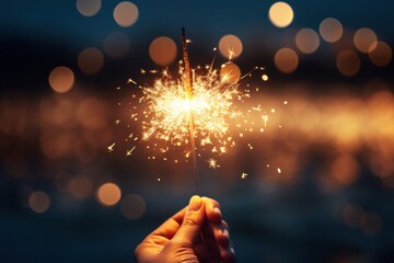 Female Hand Holding a Burning Sparkler on Bokeh Made From Christmas Lights Background: New Year, Christmas, Birthday Party - obrazy, fototapety, plakaty