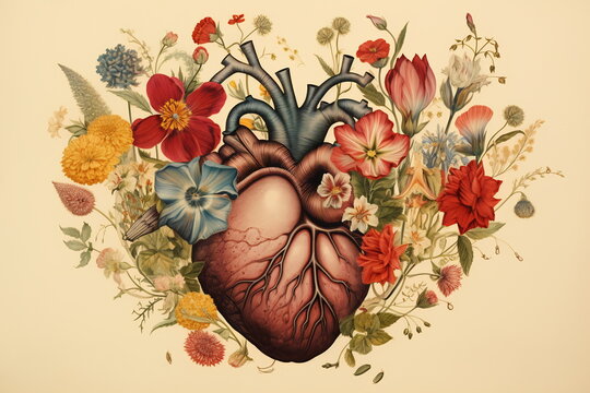 Valentines day card. Anatomical heart with flowers.