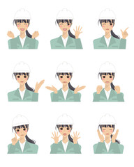 色々な表情をした作業着姿（ヘルメット）の女性のイラスト（仕草付き）