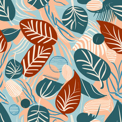 Fototapeta na wymiar Hand drawn horizontal banner pattern with autumn bright leaves and berries in retro color template.