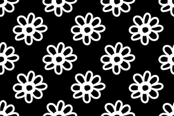 Contrast black and white colors of flowers. Floral, botanical outlines. Beautiful nature. Chamomile petals. Seamless vector pattern for design and decoration.