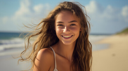 Naklejka premium A girl smile on beach close up