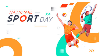 vector background, National Sports Day Celebration. featuring volleyball and tennis athletes in front of sports-themed backdrops. Design with the concept of national sports celebration