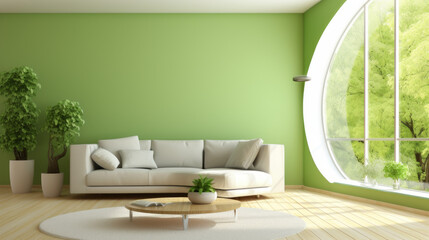 Fototapeta na wymiar a relaxing living room with light green walls and light wood floors A white leather sofa sits in the center of the room with a round glass coffee table in front of it