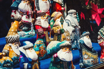 Father Frost (Russian Ded Moroz) figurines display in shop window before christmas season. Winter, December. Russian Christmas character