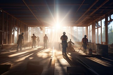 Construction workers standing inside a sunlit construction site. - obrazy, fototapety, plakaty