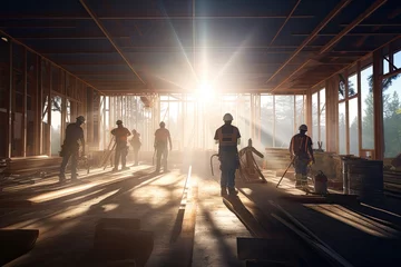 Fotobehang Construction workers standing inside a sunlit construction site. © Simon