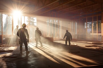 Construction workers standing inside a sunlit construction site.