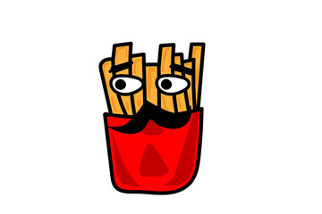 Mr. French Fries Man. Cartoon Character. Fried potato sticks with eyes, eyebrows and moustache. Funny fast food. Cool vector illustration.