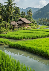 Fototapeta na wymiar Paddy field with the River and Traditional House