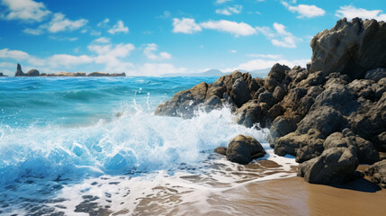 a rocky beach with crashing waves and a bright blue sky in the background - obrazy, fototapety, plakaty