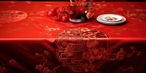 Red Tablecloth Red is a symbolic color associated with good luck and prosperity in Chinese culture. The table might be covered with a red tablecloth to bring in positive energy