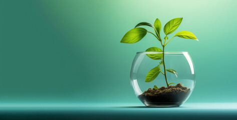 Small tree plant growing in a glass bowl or vase. Small amount of soil in the bowl. Copy space background for text. Concept of indoor garden, environmental day and international soil day - obrazy, fototapety, plakaty