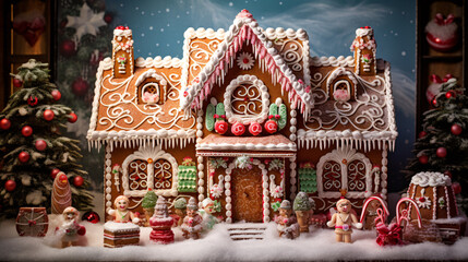 Beautifully decorated gingerbread house with colorful decorations 