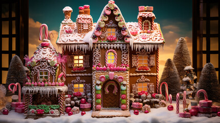 Beautifully decorated gingerbread house with colorful decorations 