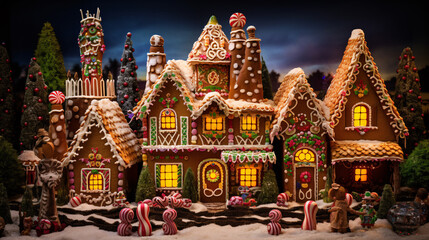 Beautifully decorated gingerbread house with colorful decorations 