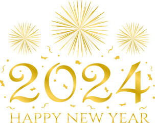 happy new year 2024 - golden design, golden fireworks, confeti, no background - obrazy, fototapety, plakaty
