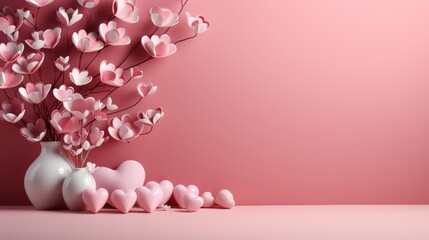 Valentine's Day-themed background in shades of pink with love symbols, flowers, and ample copy space. Perfect for banners, web backgrounds, wedding invitations, and more.