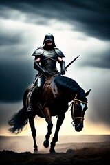 Naklejka premium haunting digital art of a tired spartan soldier riding a skeleton horse on the battlefield in the style of an oil painting,&nbsp;acrylic,&nbsp;bleak,&nbsp;moonlight,&nbsp;detailed,&nbsp;dark,&nbsp;ominous,&nbsp;threatening,&nbsp;haunting,&nbsp;