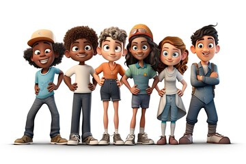 Illustration of a multiethnic group of friends in 3d cartoon style. Concept of a diverse and multicultural society. - obrazy, fototapety, plakaty