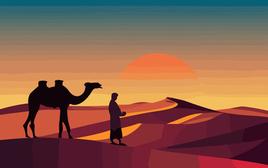 Islamic new year background with man and camel in the desert