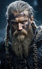 Portrait of a viking warrior in black armor - obrazy, fototapety, plakaty