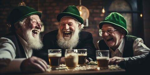 Group of senior friends celebrating St. Patrick Day with beer mug at an Irish pub. - obrazy, fototapety, plakaty