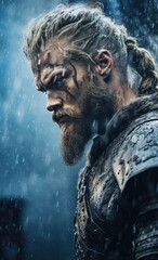 Portrait of a viking warrior in black armor - obrazy, fototapety, plakaty