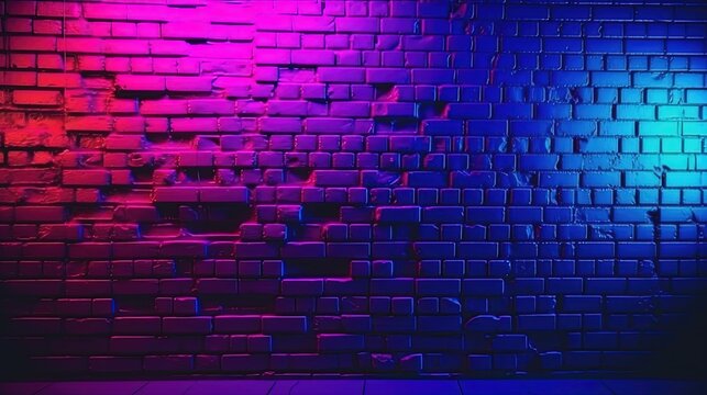 Lighting neon Effect red and blue on brick wall for background party happiness concept , For showing products or placing products. cyberpunk concept © YuDwi Studio