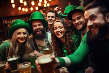 Friends celebrating St. Patrick Day with food and beer mug at an Irish pub. - obrazy, fototapety, plakaty